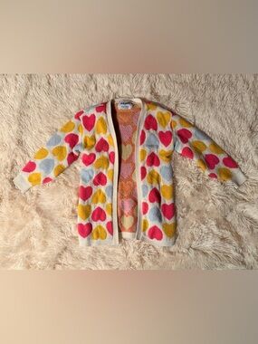 Old Navy Cream Open-Front Cardigan with Pink, Yellow & Light Blue Hearts